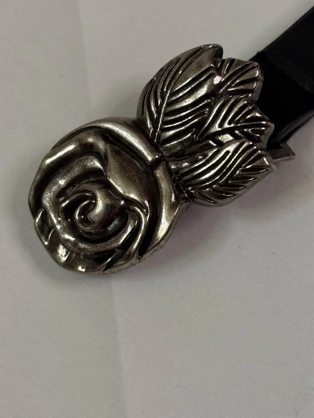 Forever 21 Women’s Black Leather Belt with Silver Rose Buckle